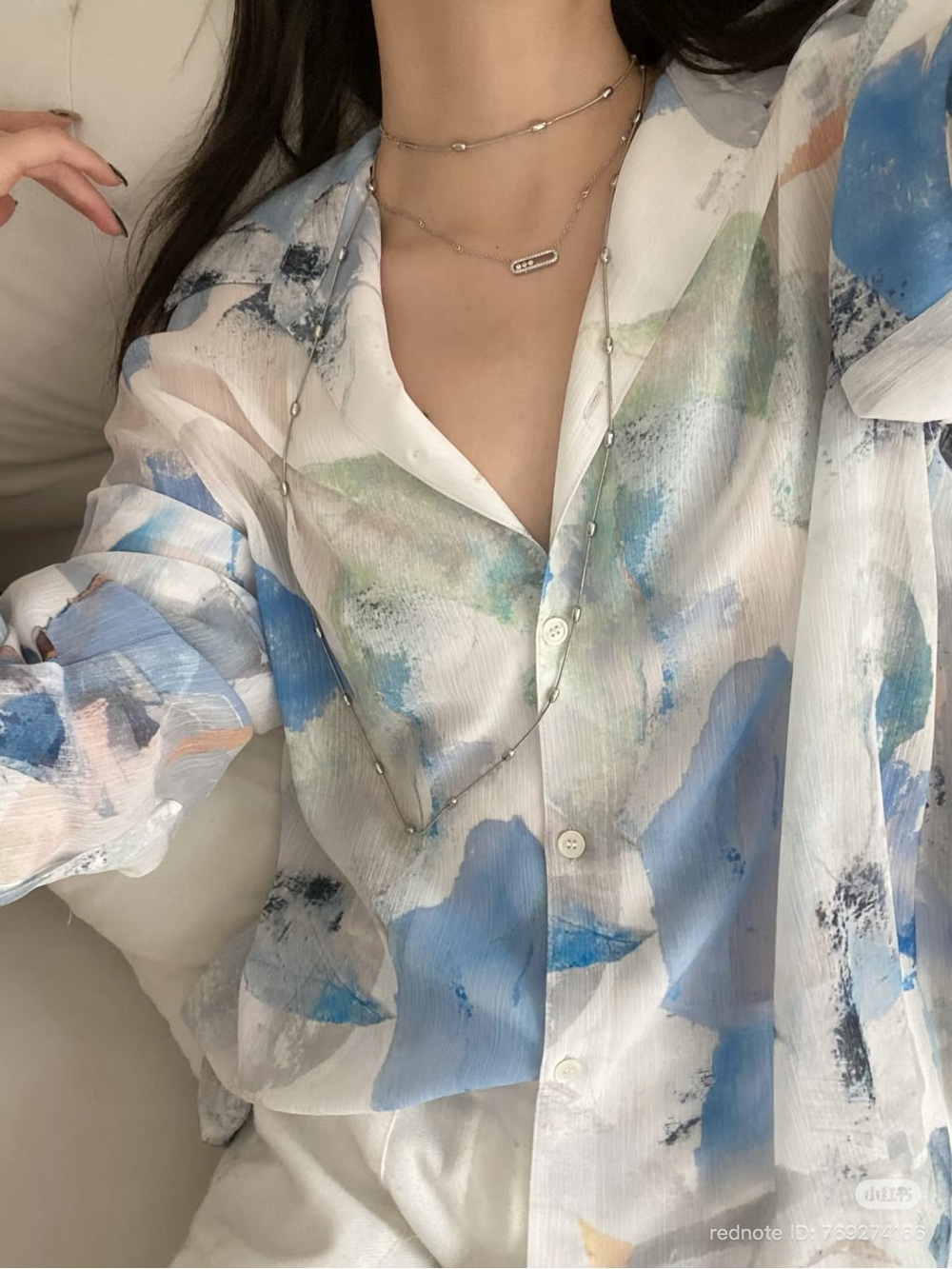 Lightweight White Blouse with Blue and Green Watercolor Print